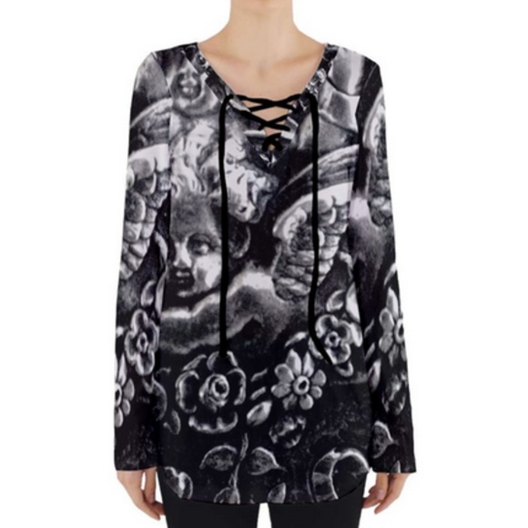 Antique Obsessions Tops - Cherub Floral Tunic Blouse Angels Putti Cupid Top